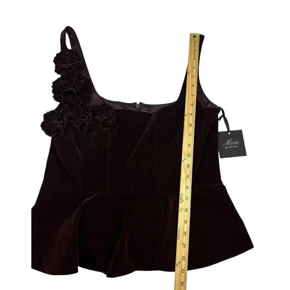 NWT Muse by Marchesa Velvet Peplum Top 12 Ristretto Brown Floral Applique $179 - Picture 7 of 10